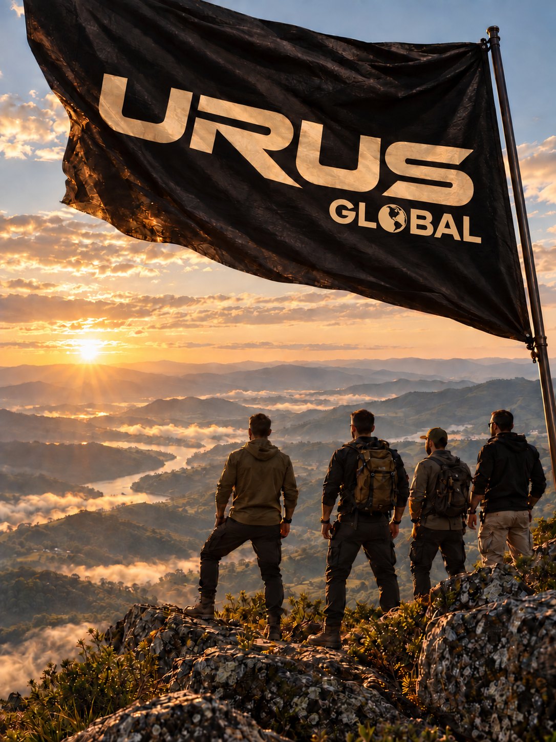 Bandeira do URUS Global e quatro homens no alto da montanha ao nascer do sol