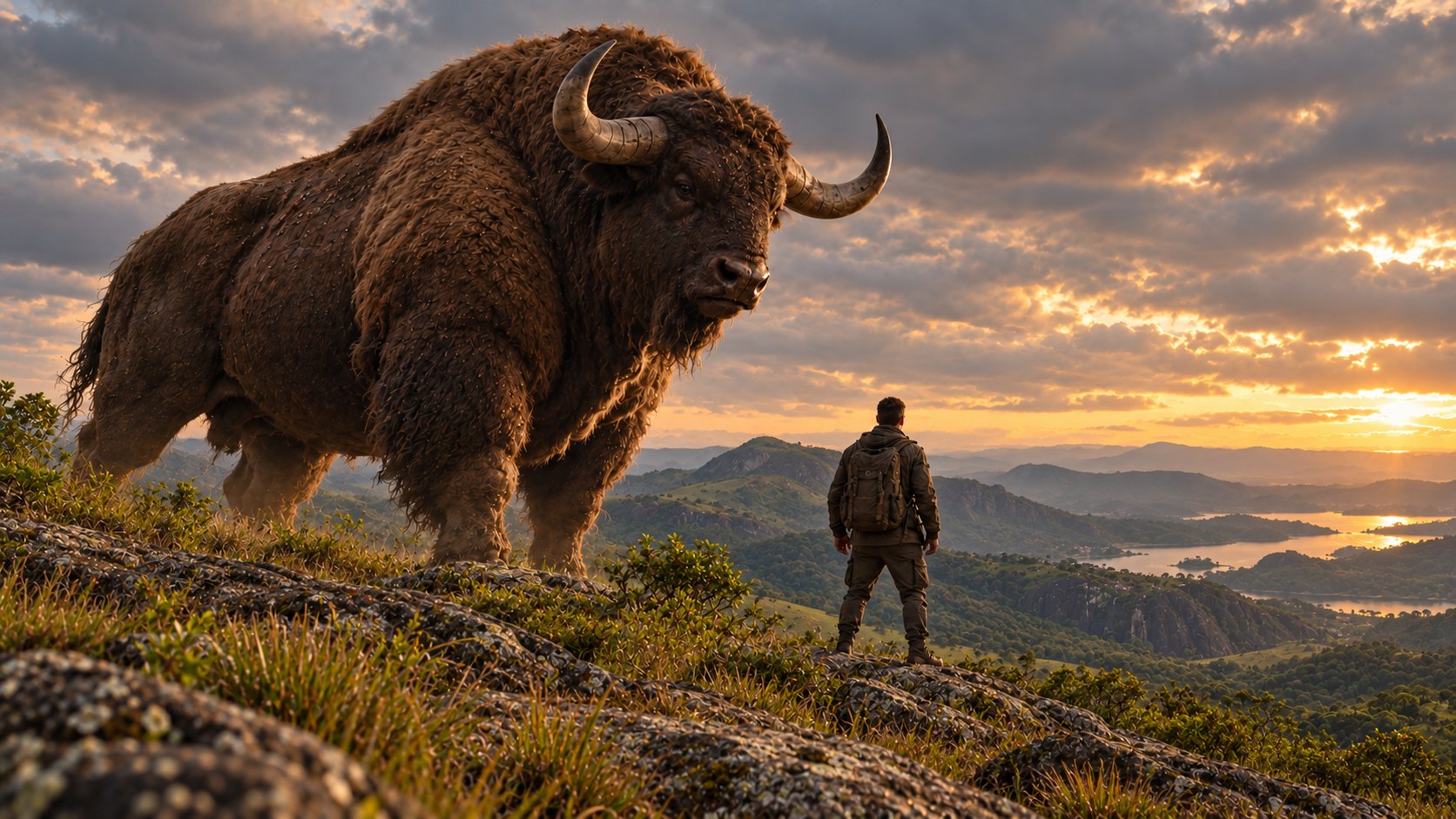 Homem de mochila diante de um grande bisão no alto da serra ao pôr do sol