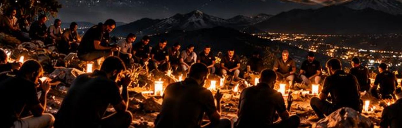Homens orando no monte à noite, à luz de velas