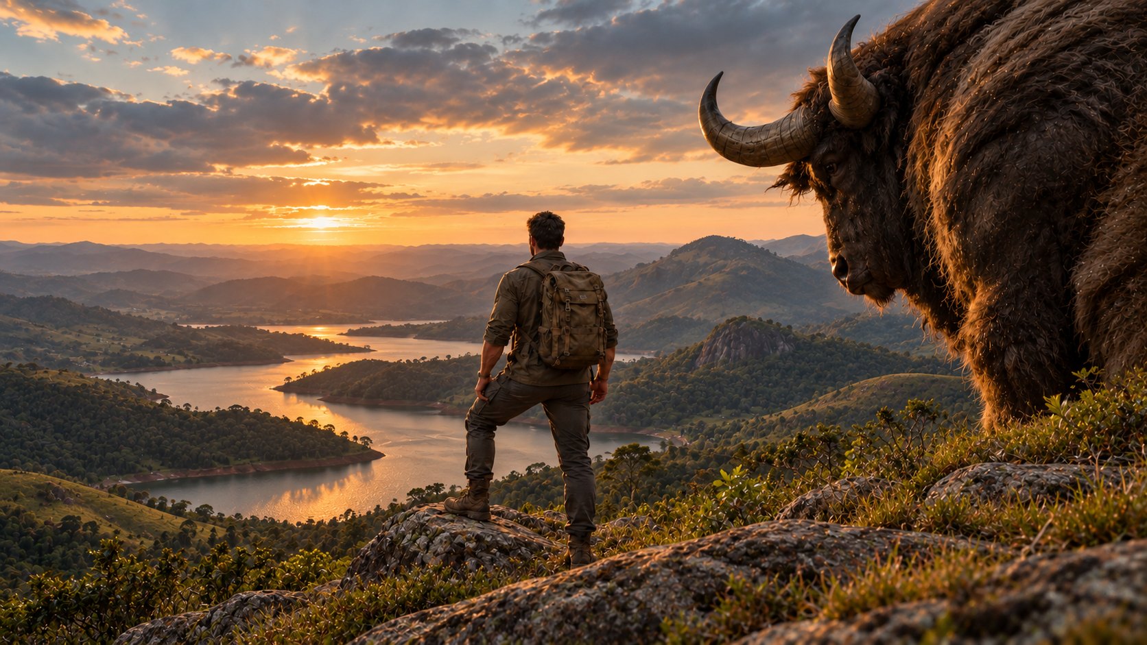 Homem de mochila no alto da serra olhando o lago ao pôr do sol, com o bisão ao lado
