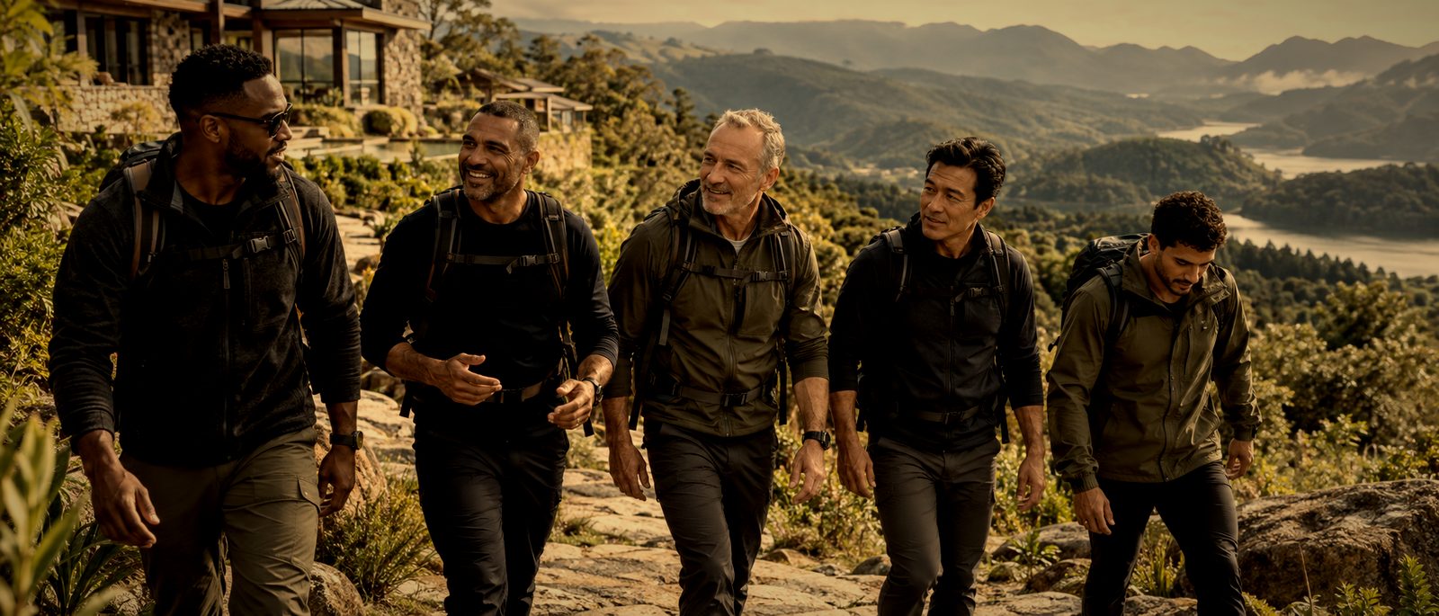 Grupo de homens caminhando juntos em uma trilha na serra