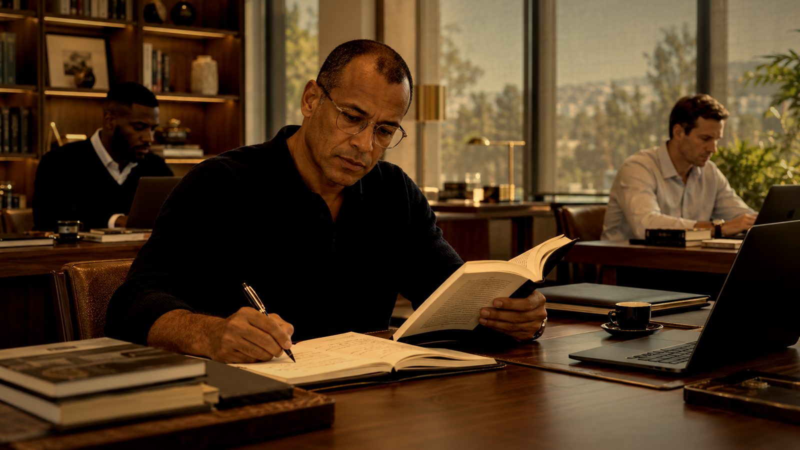 Homem estudando com livros e caderno
