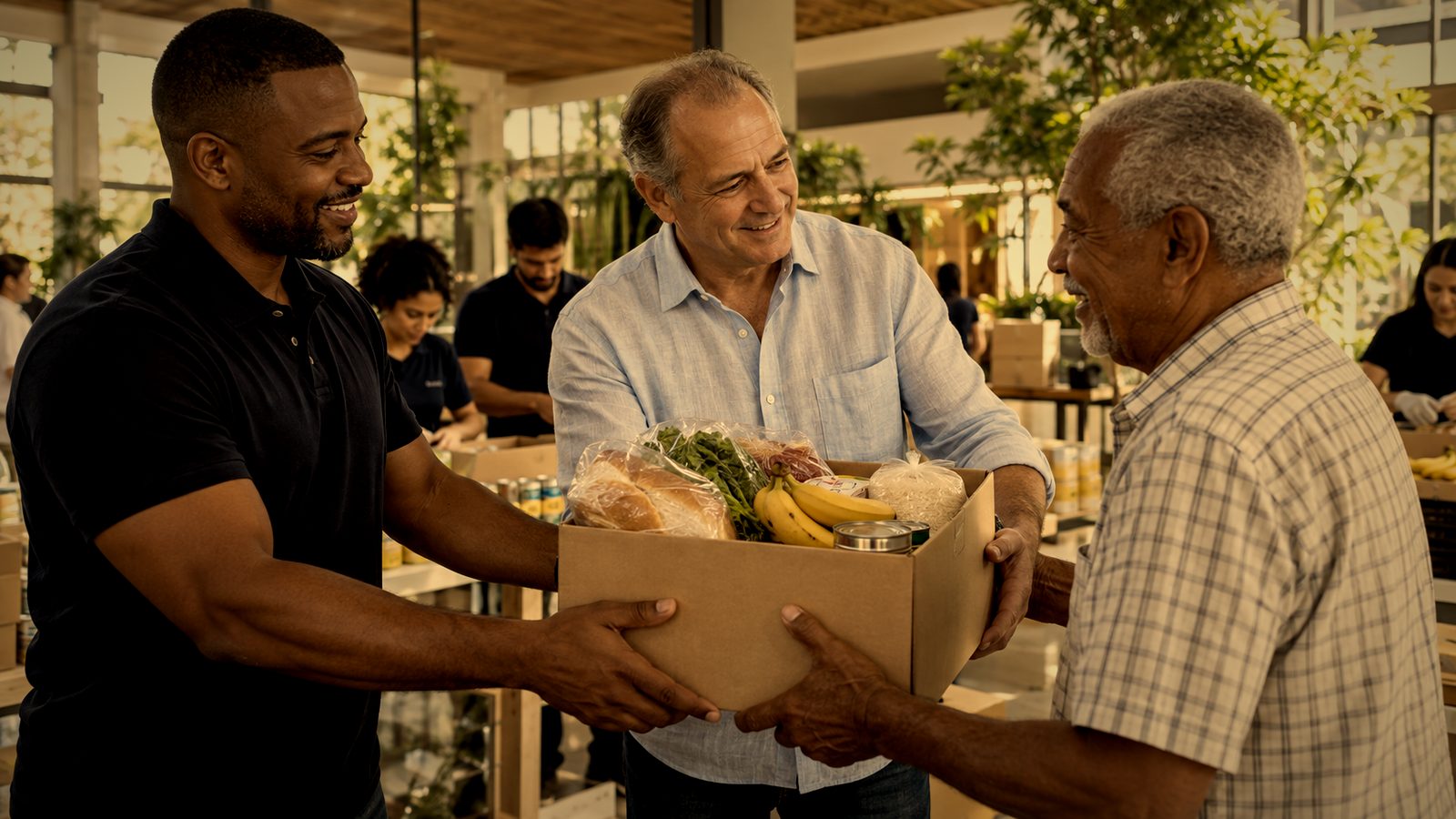 Homens entregando cesta de alimentos em ação social