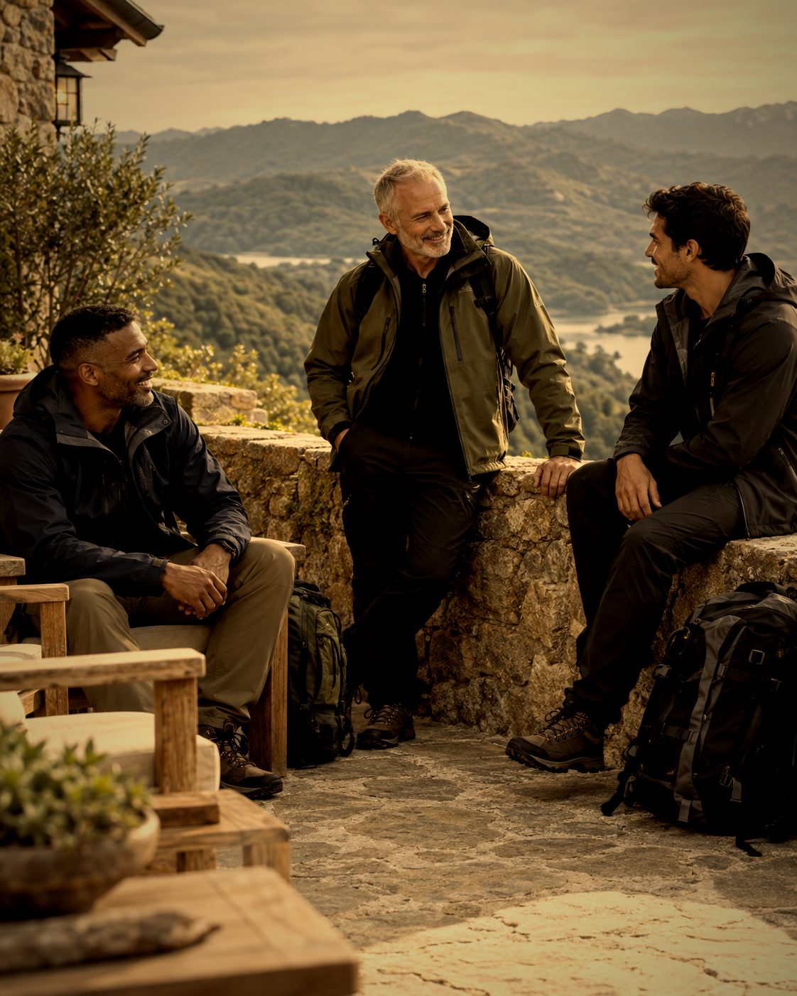 Três homens conversando em um mirante na serra
