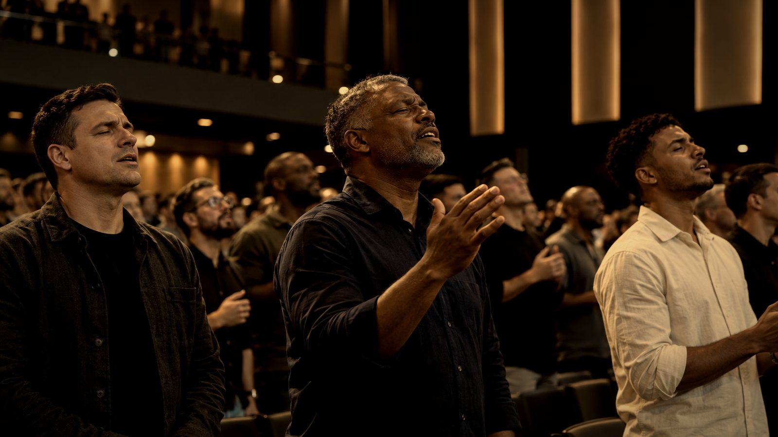 Homens em adoração durante o culto