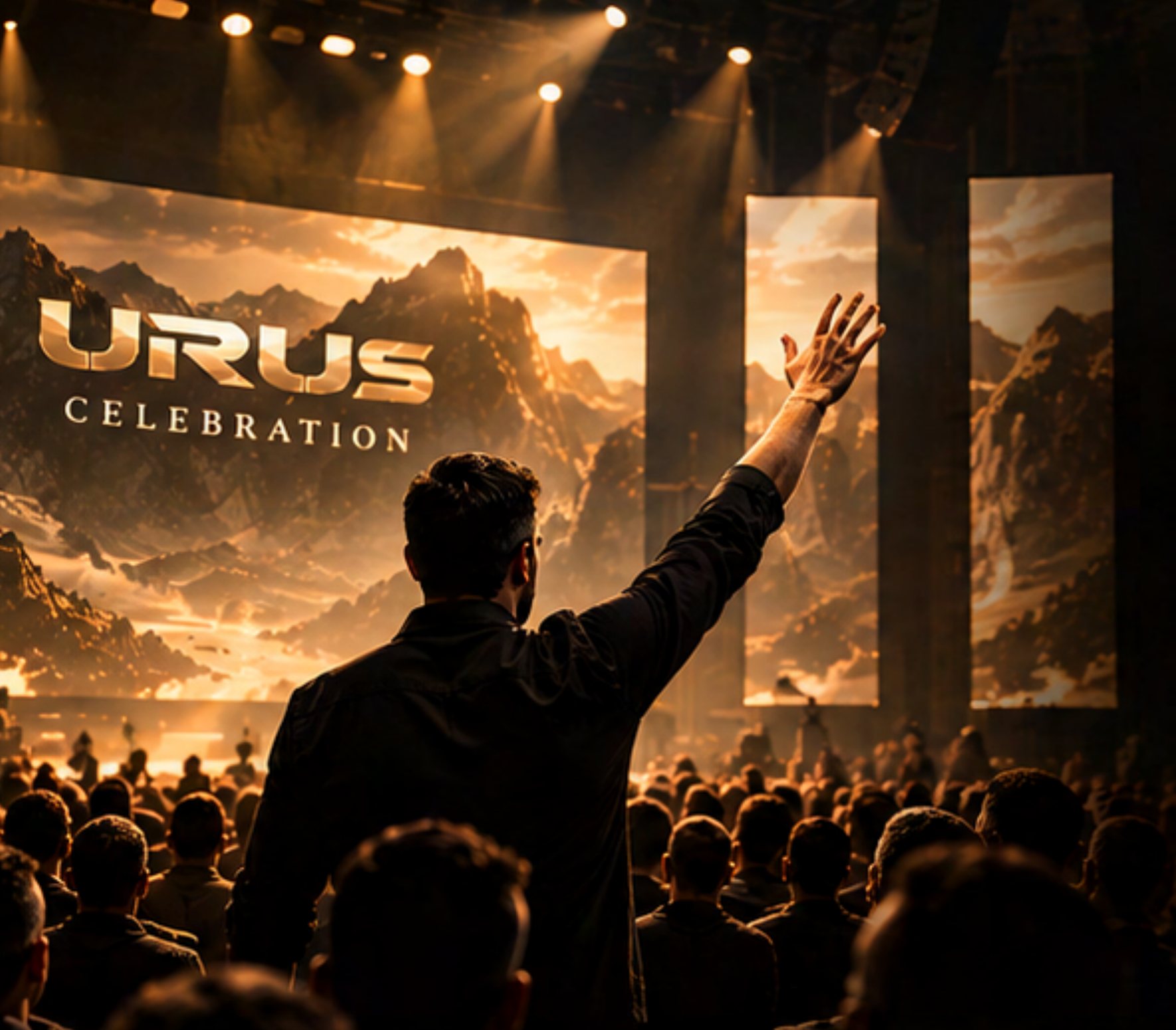 Homem de braço erguido diante do palco do URUS Celebration