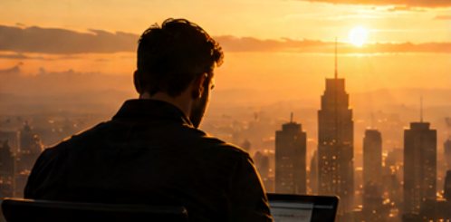 Homem trabalhando no notebook diante da cidade ao entardecer