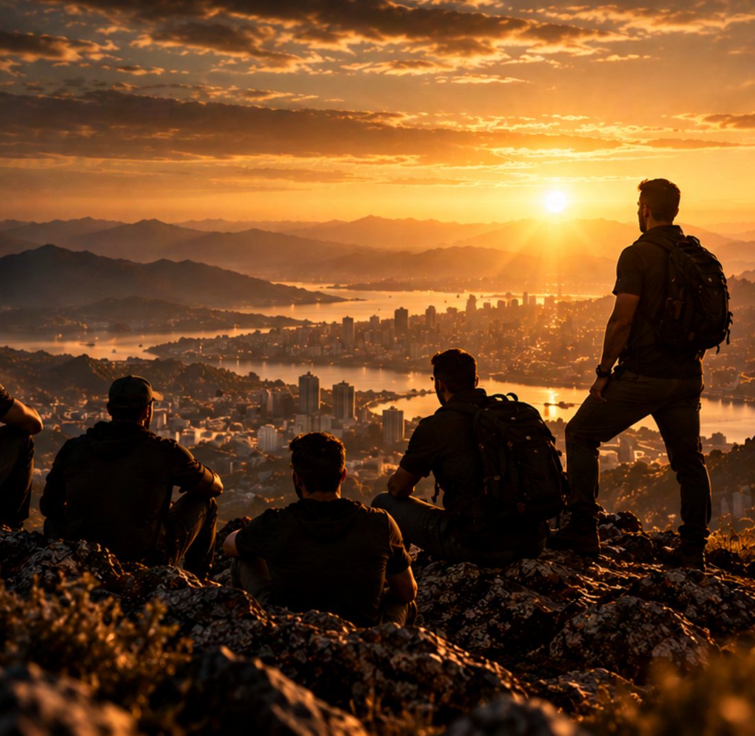 Homens no alto da montanha olhando a cidade ao entardecer