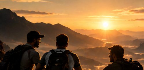 Três homens sentados juntos no alto da montanha