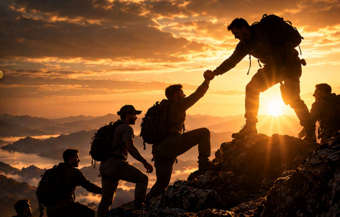 Homens ajudando uns aos outros a subir a montanha ao pôr do sol