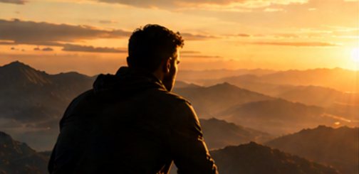 Homem sentado no alto da montanha ao pôr do sol