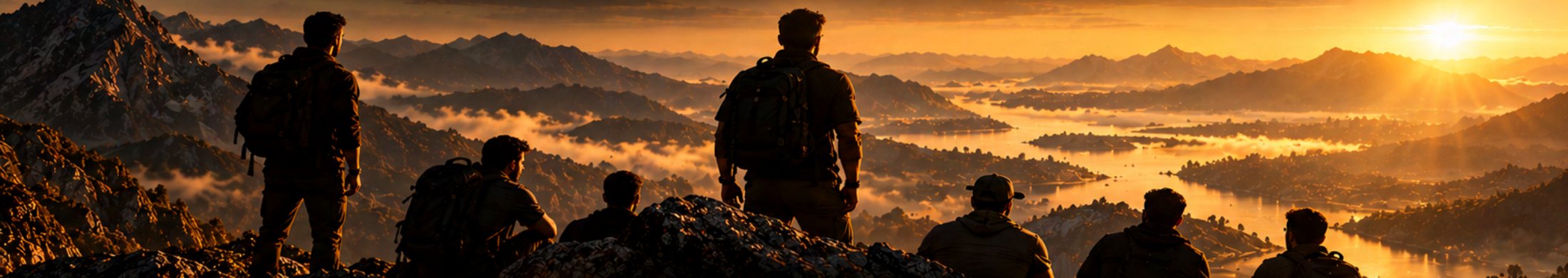 Grupo de homens no alto da montanha diante do vale ao pôr do sol