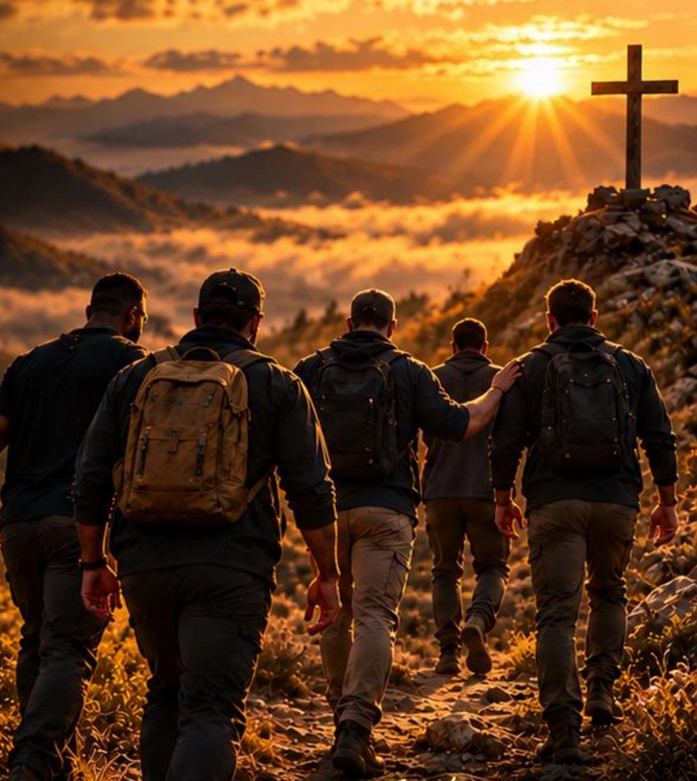 Homens subindo a trilha rumo à cruz no alto do monte